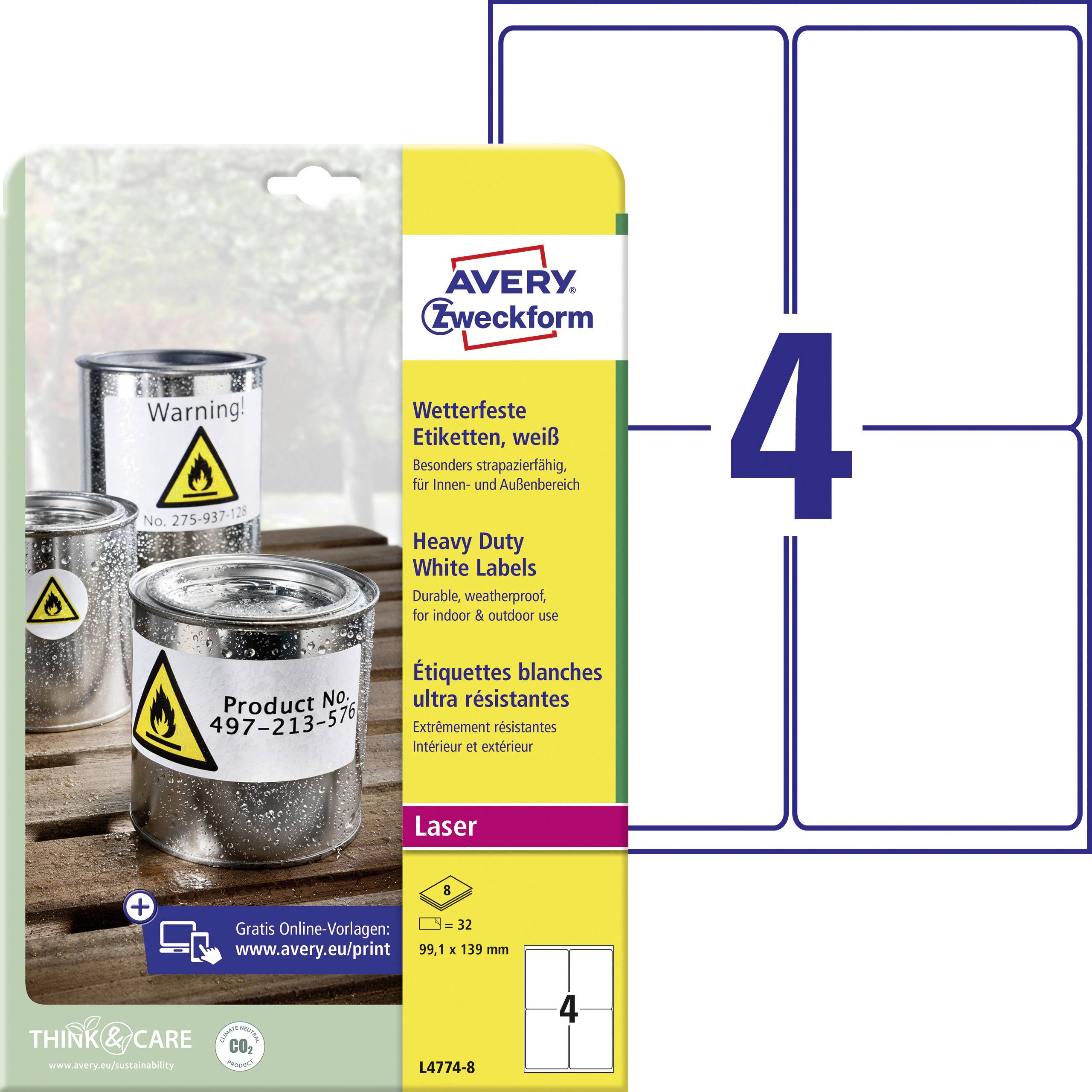 Avery-Zweckform L4774-8 Label film 99.1 x 139 mm Polyester film White 32 pc(s) Permanent adhesive Laser, colour, Laser printer, Colour copier, Copier, Manual