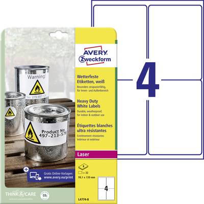 'Labels for use in indoor and outdoor areas. Four heavy white labels per sheet. Bucket with warning symbol and 'Product N-276' labelling.'