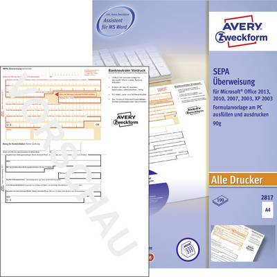 'SEPA Bank Transfer Form' Template for Microsoft Office. Product by Avery Zweckform. Suitable for all printers, A4 format.