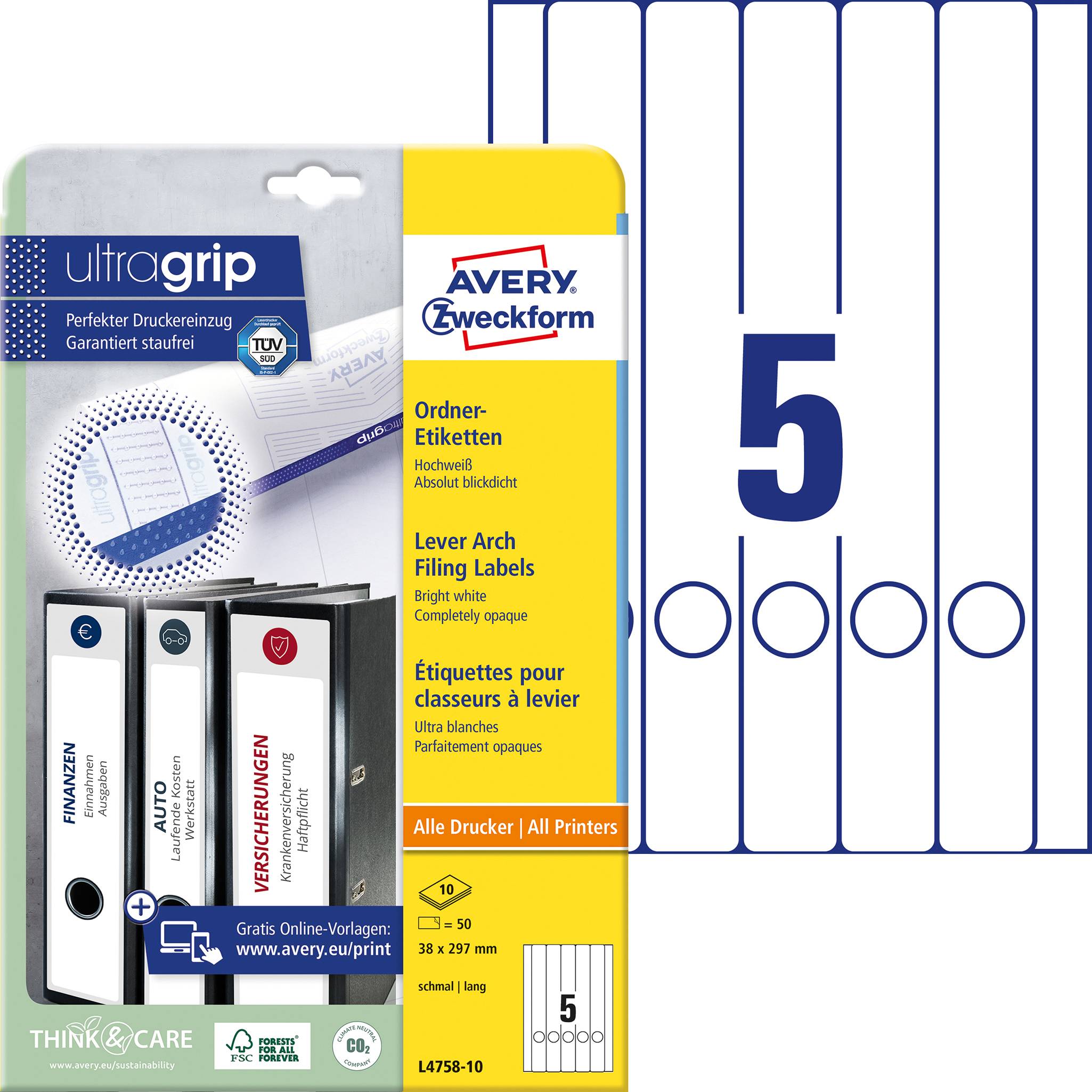 Avery-Zweckform Lever arch file labels L4758-10 38 x 297 mm Paper White Permanent adhesive 50 pc(s)