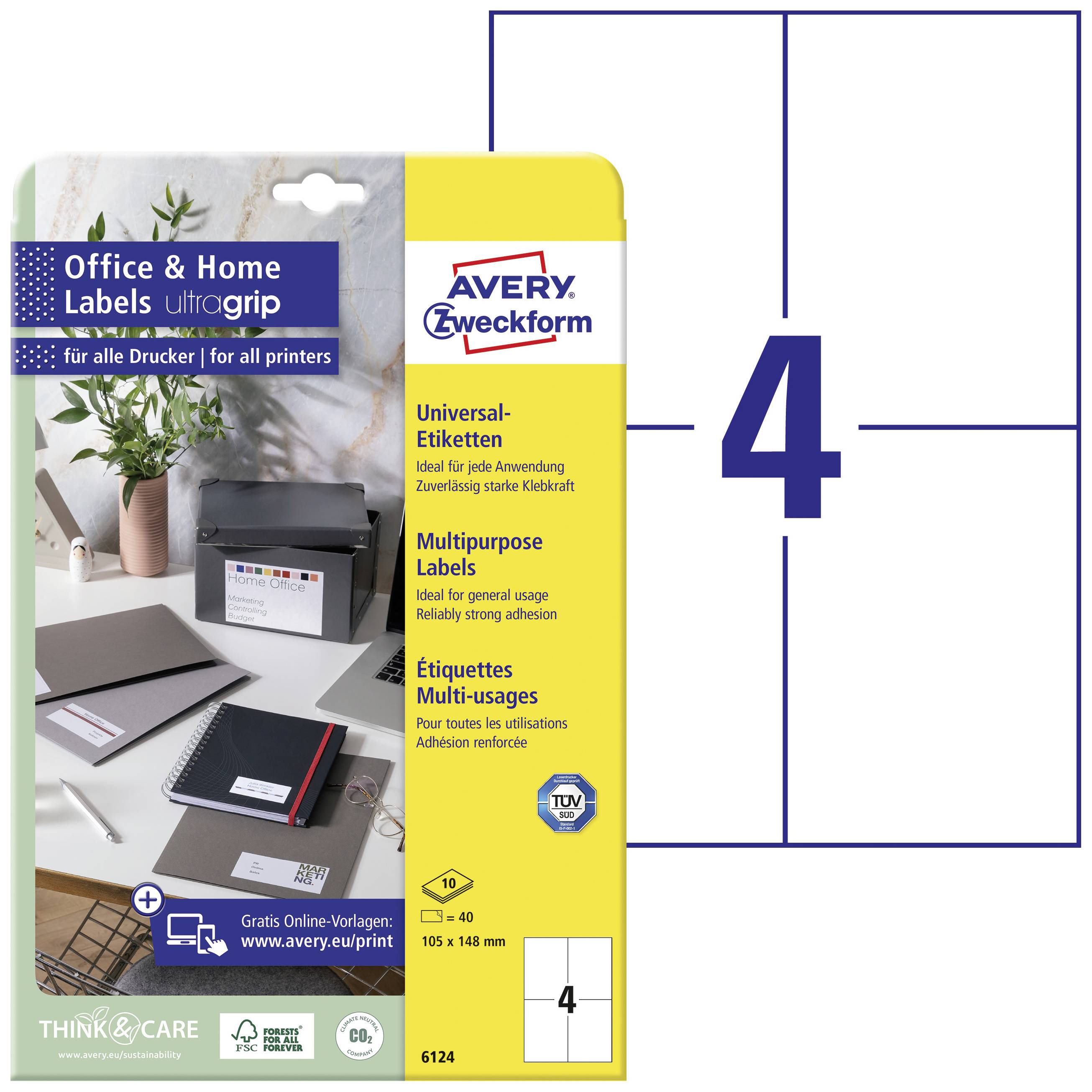 Avery-Zweckform 6124 All-purpose labels 105 x 148 mm Paper White 40 pc(s) Permanent adhesive Inkjet printer, Laser printer, Laser, colour, Copier, Colour