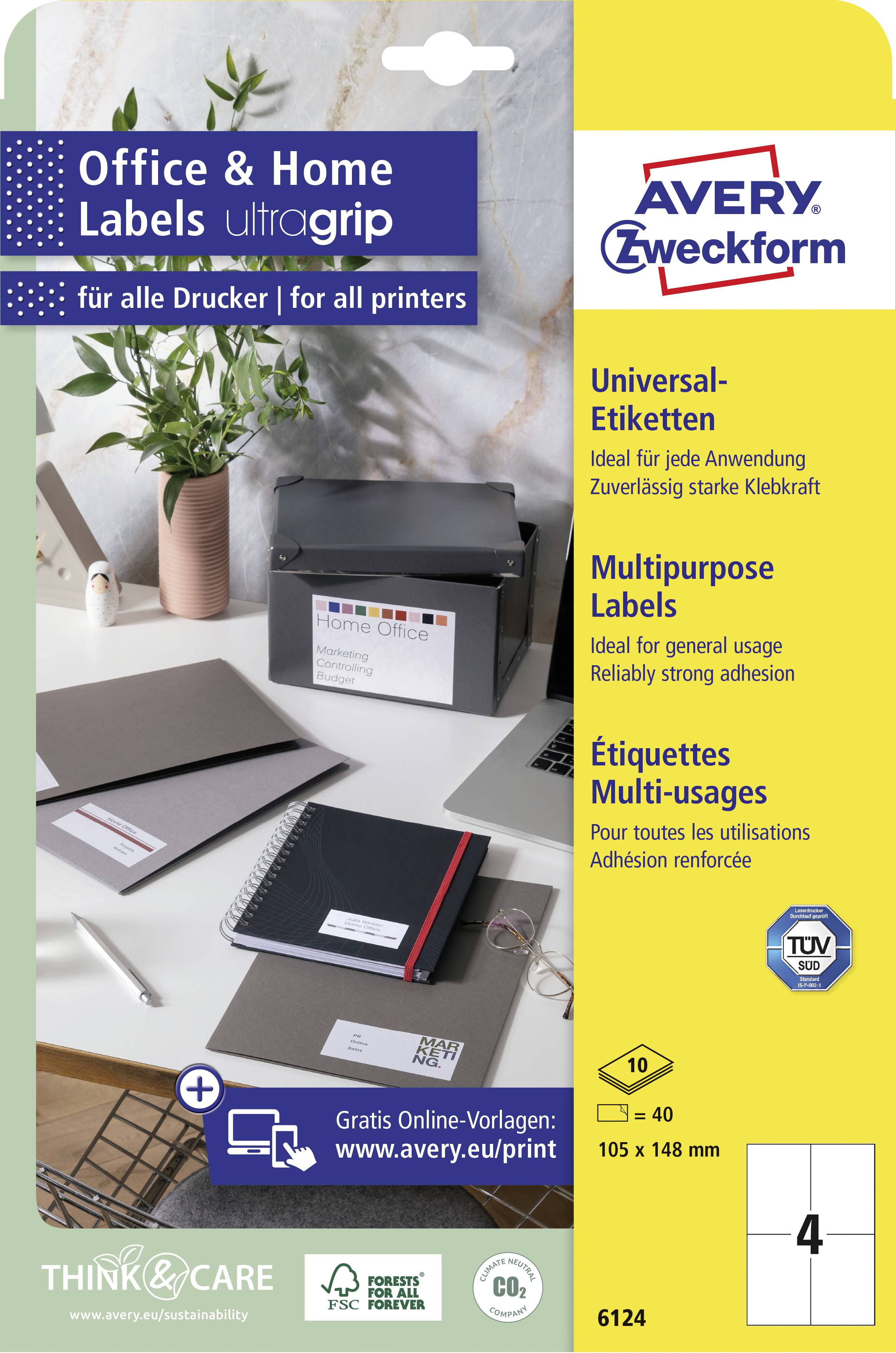 'Office & Home Labels Ultragip' by Avery Zweckform. Suitable for all printers. Contains 40 labels, 105 x 148 mm, TÜV-certified.
