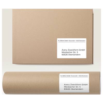 Two brown shipping boxes with address labels to Avery Zweckform GmbH, one flat and one as a mailing sleeve.