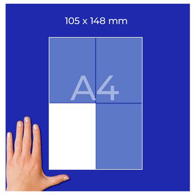 Comparison of Paper Formats: A hand shows that the 105 x 148 mm format is smaller than A4.