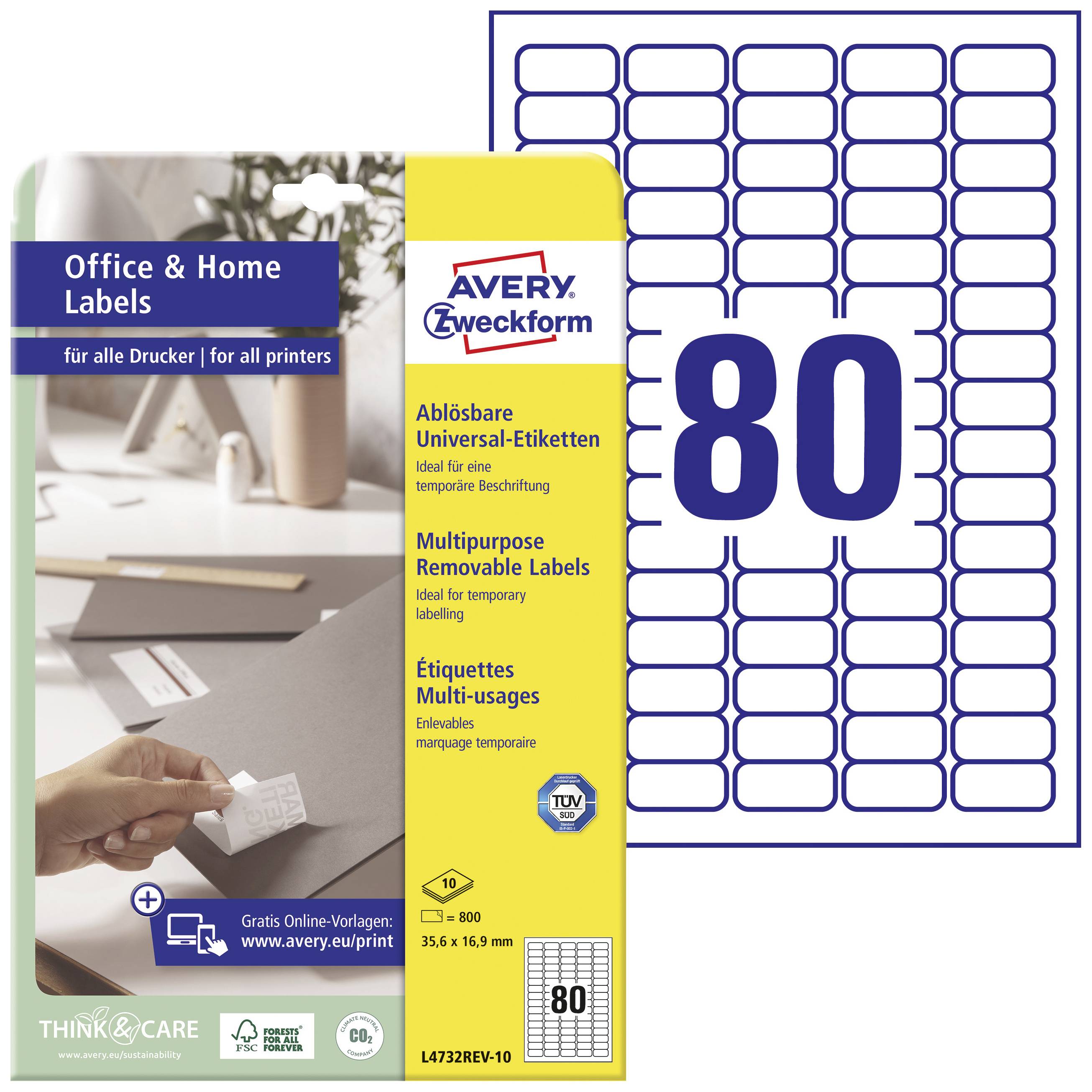 Avery-Zweckform L4732REV-10 35.6 x 16.9 mm Paper White 800 pc(s) Removable All-purpose labels Inkjet, Laser, Copier 10 Sheet A4
