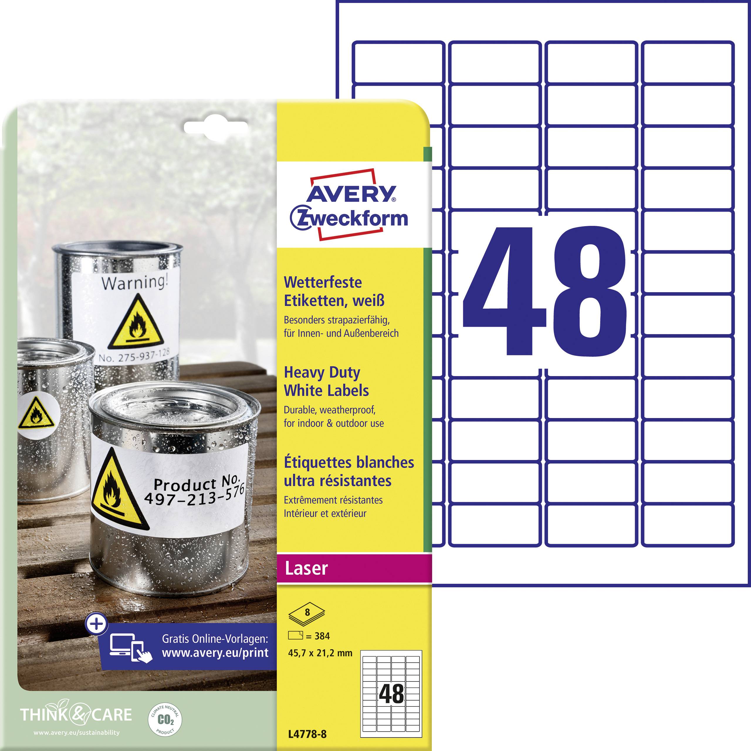Avery-Zweckform L4778-8 45.7 x 21.2 mm Polyester film White 384 pc(s) Permanent adhesive Label film