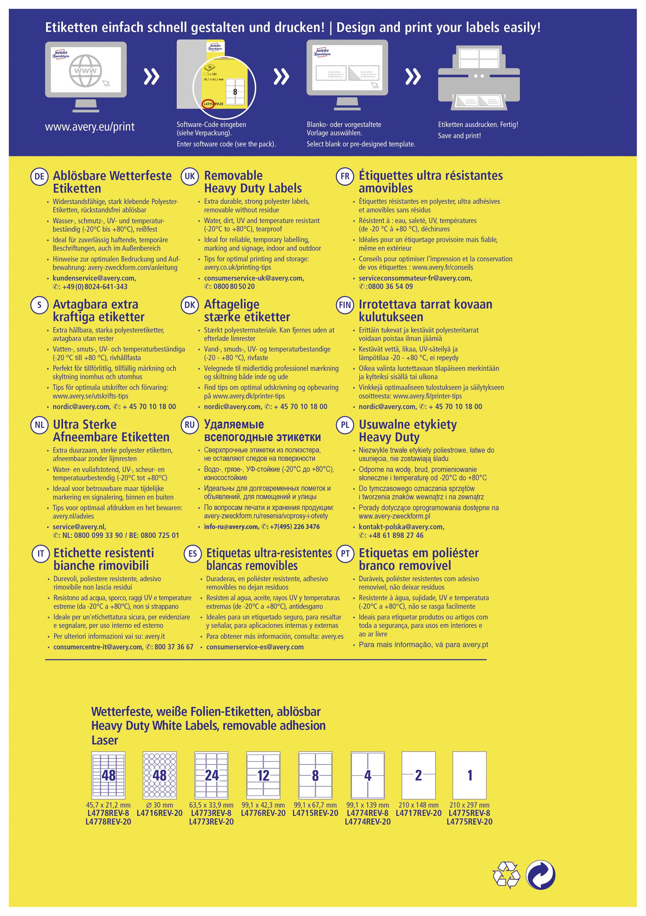 Avery-Zweckform L4775REV-8 Label film 210 x 297 mm Polyester film White 8 pc(s) Removable Laser, colour, Laser printer, -1