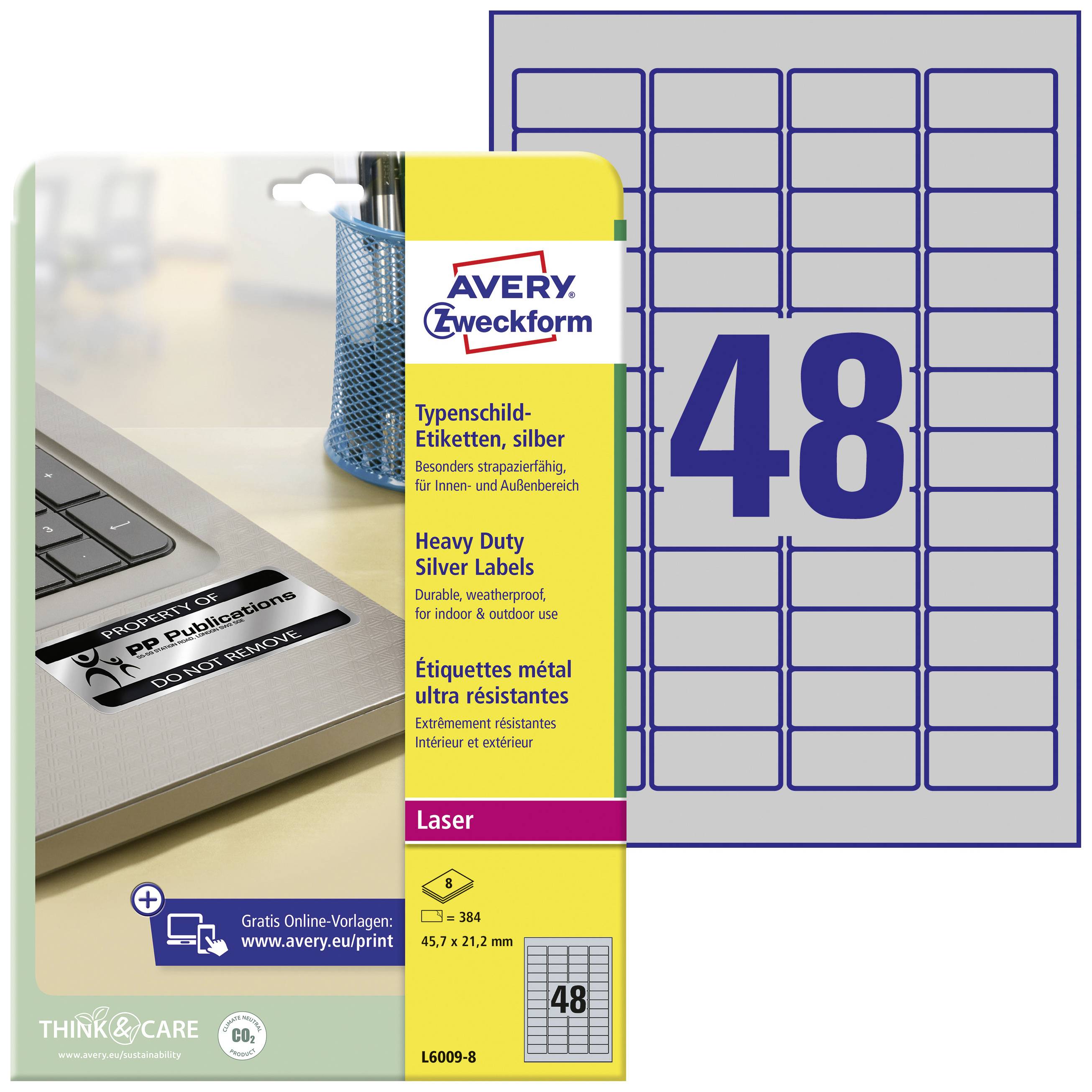 Avery-Zweckform L6009-8 Nameplates 45.7 x 21.2 mm Polyester film Silver 384 pc(s) Permanent adhesive Laser printer, Copier, Manual labeling