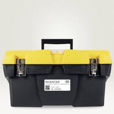A toolbox with a yellow lid and black base. On the front is a label with the inscription 'INVENTORY' and a number.