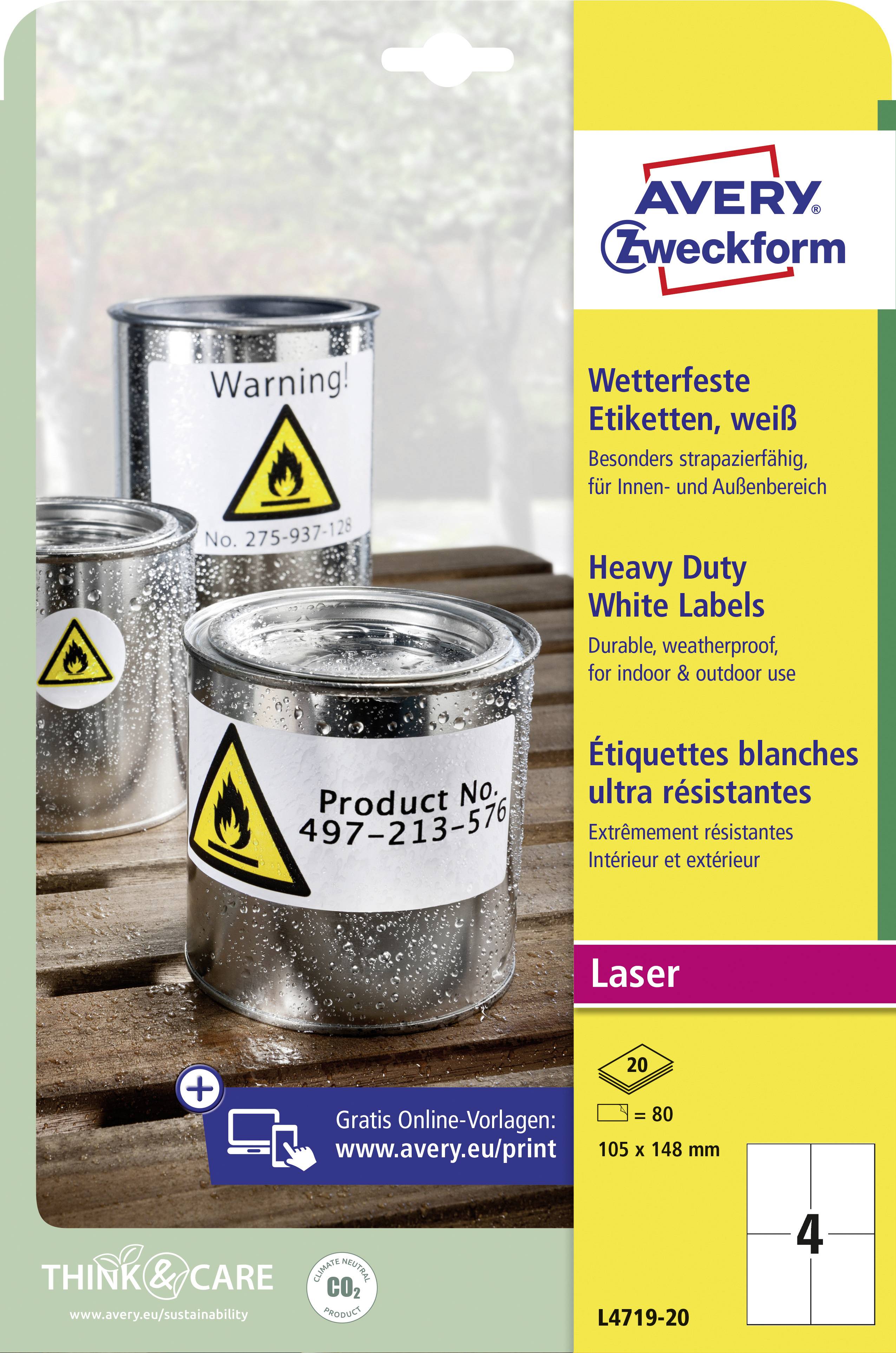 'Three silver tins with warning symbols, product and batch numbers. Label shows weatherproof labels, suitable for indoor and outdoor use.'