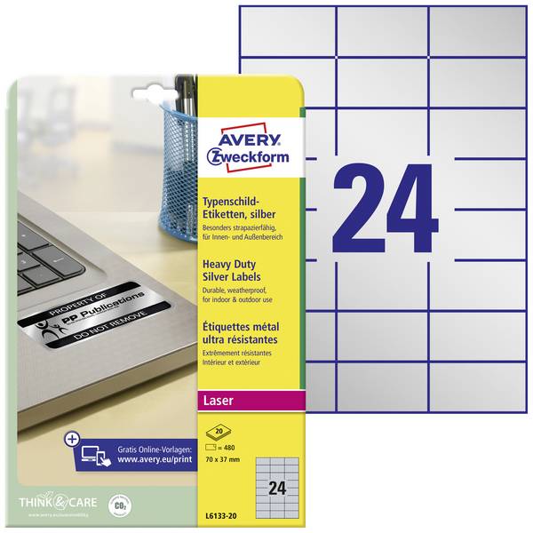 Avery-Zweckform L6133-20 Nameplates 70 x 37 mm Polyester film Silver 480 pc(s) Permanent adhesive Laser printer, Copier, Manual labeling