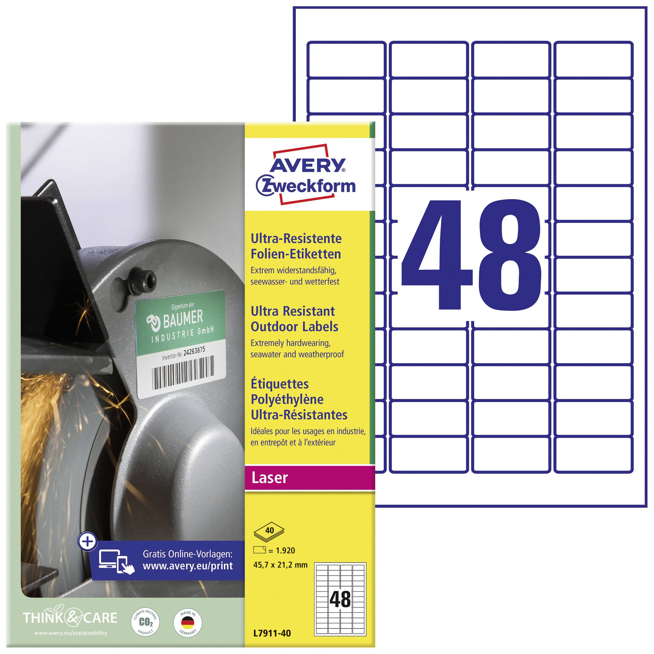 Avery-Zweckform L7911-40 45.7 x 21.1 mm PE film White 1920 pc(s) Permanent adhesive Label film