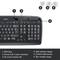 Black Logitech keyboard with markings: 12 function keys, splash-proof, 3-year warranty, 24-month battery life, 10m wireless range.