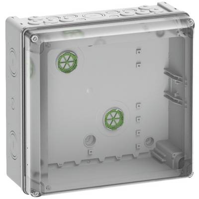 Empty plastic enclosure with transparent lid, suitable for mounting electronic components.