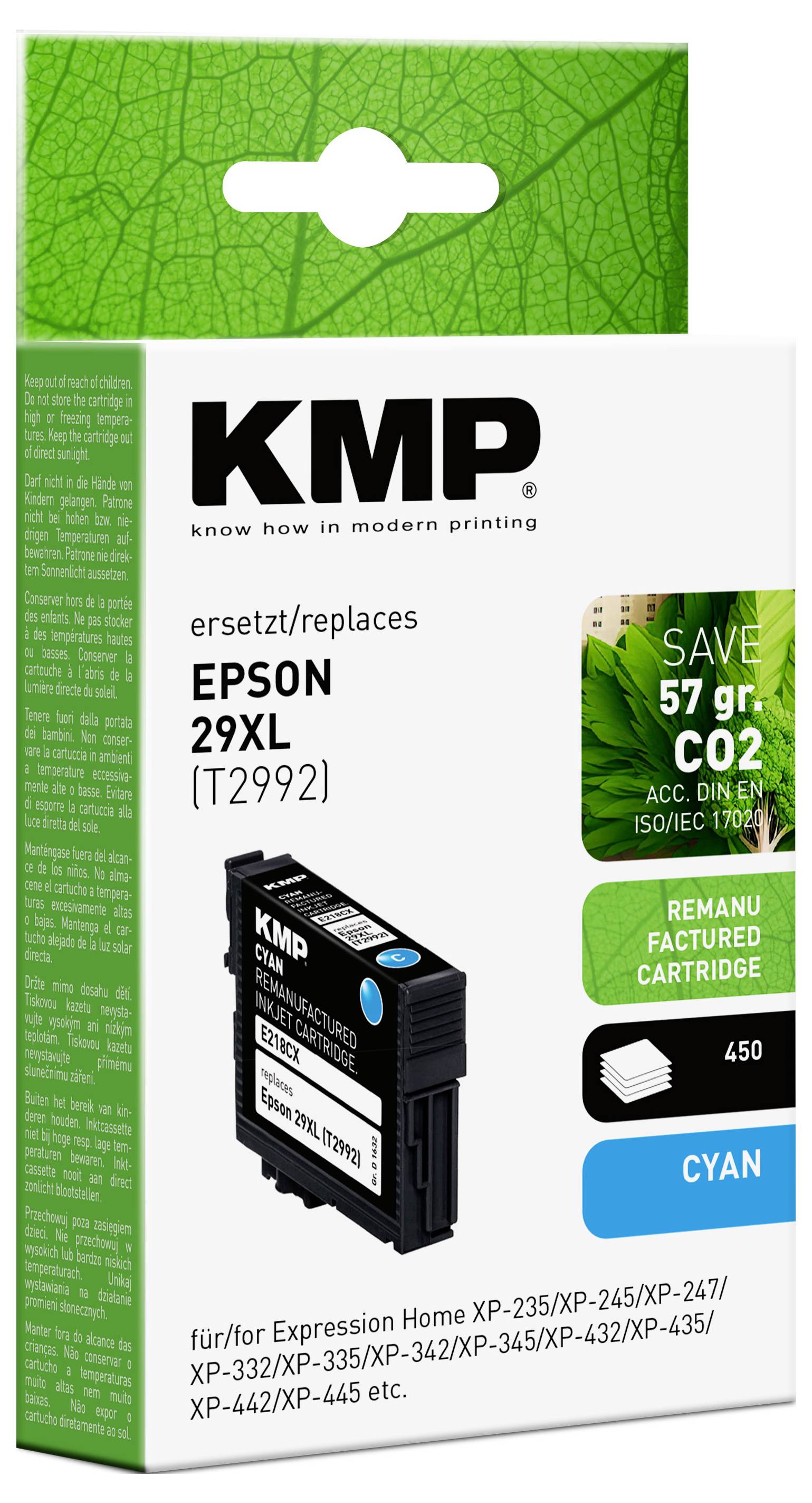 'Epson 29XL' cyan ink cartridge packaging by KMP, shown in original and remanufactured versions. Promotes CO2 reduction and environmental benefits.