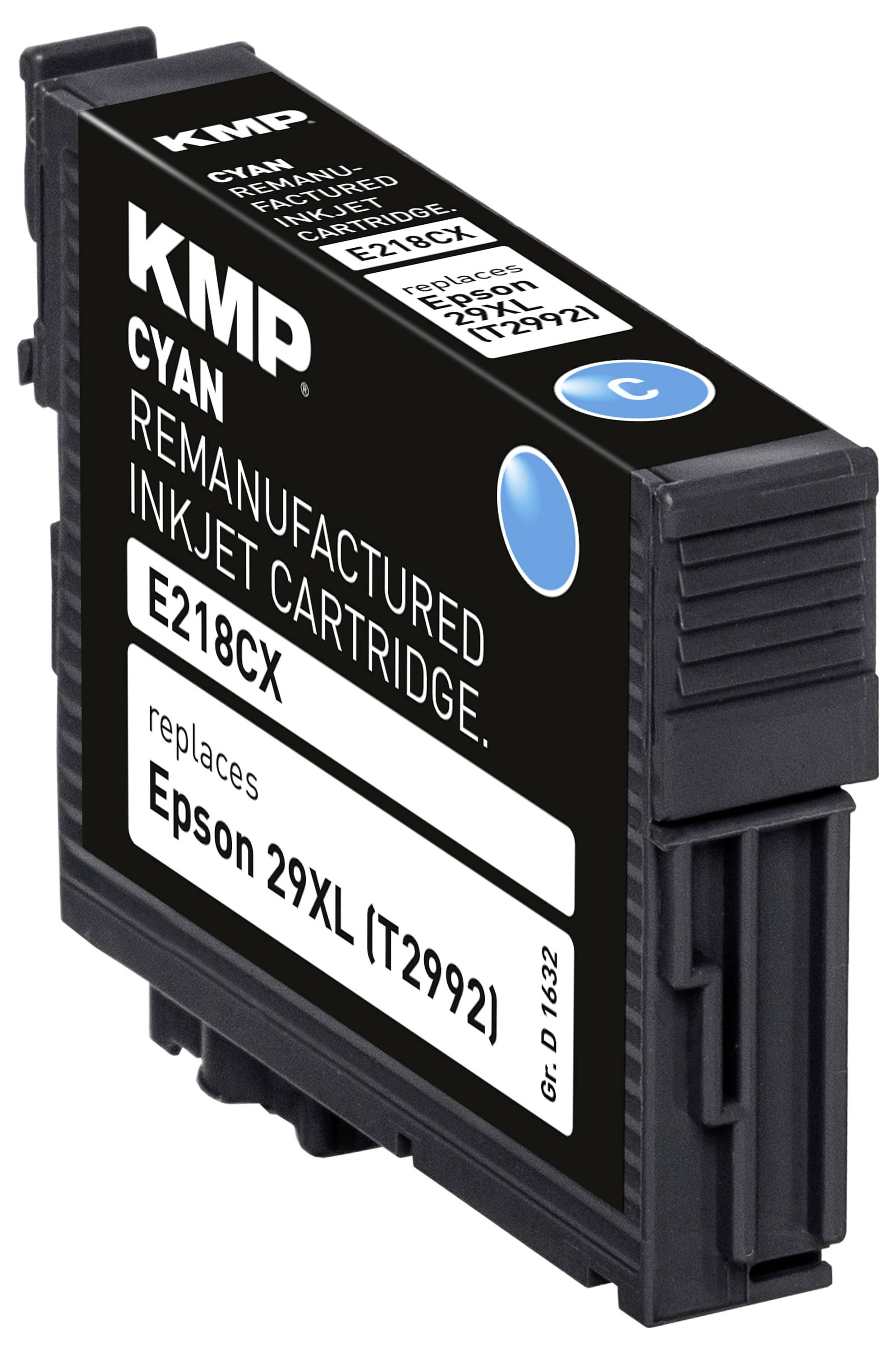Cyan remanufactured inkjet cartridge by KMP, labeled E218CX, compatible with Epson 29XL (T2992) printers.