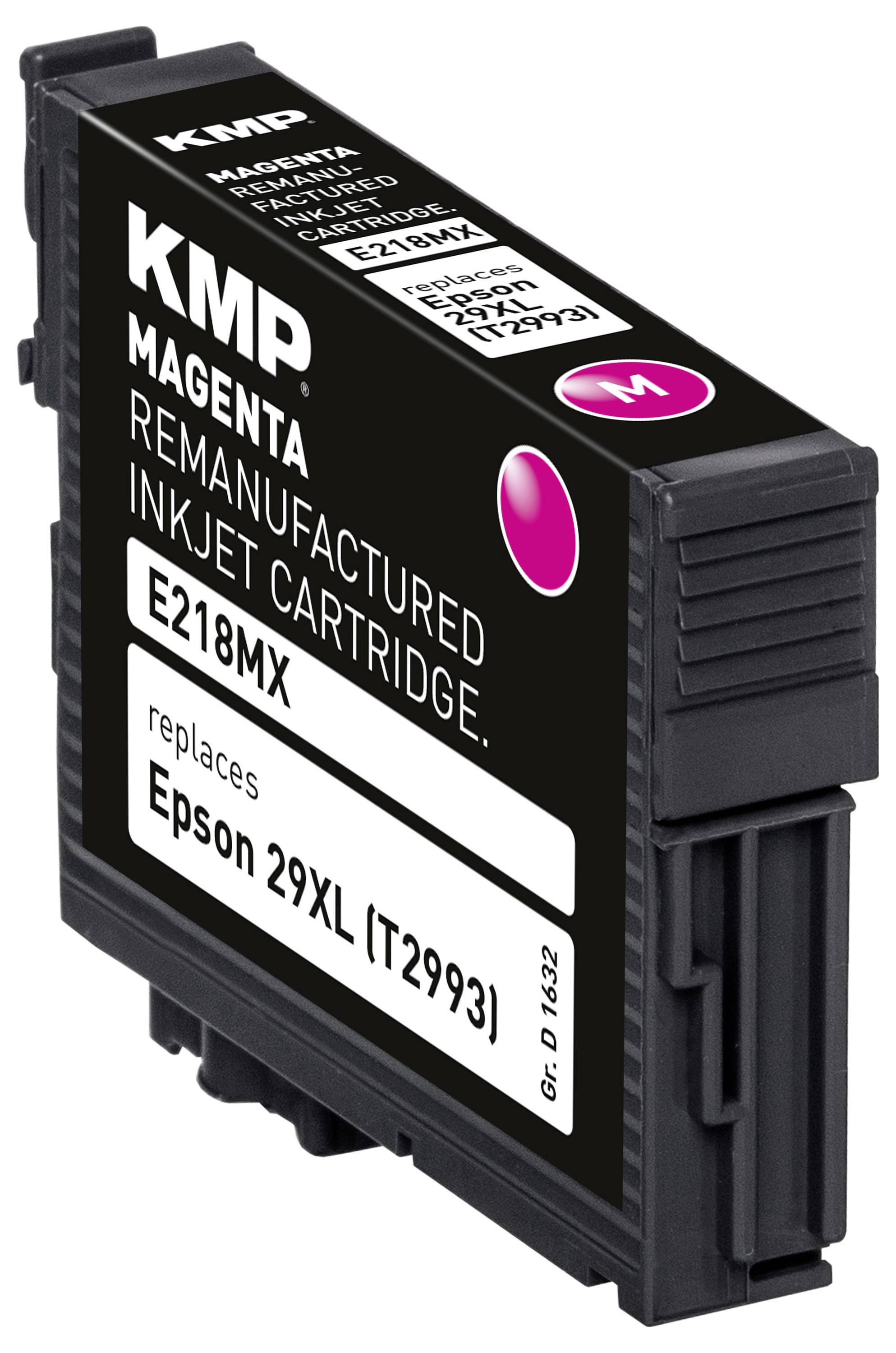 Magenta remanufactured inkjet cartridge labeled 'KMP' and 'E218MX' for Epson 29XL printers.