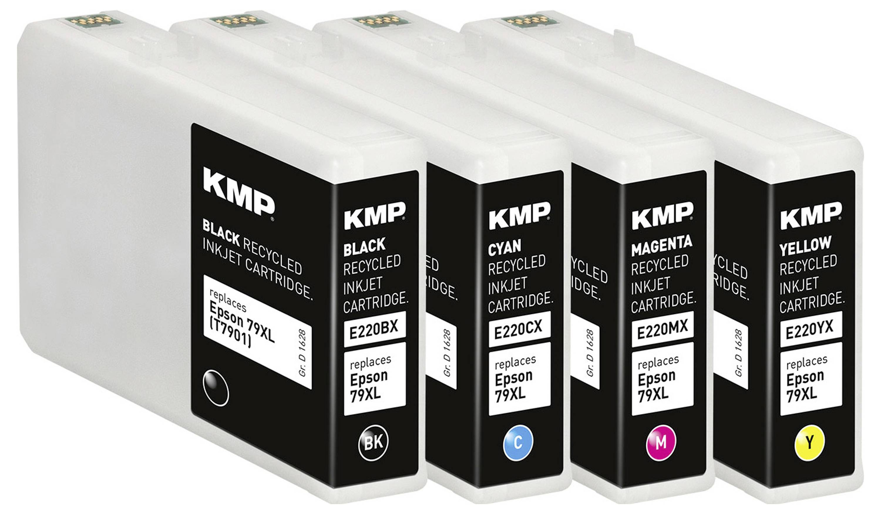Five inkjet cartridges aligned in a row, labeled 'KMP'. Colors are black, cyan, magenta, and yellow, each replacing Epson 79XL.
