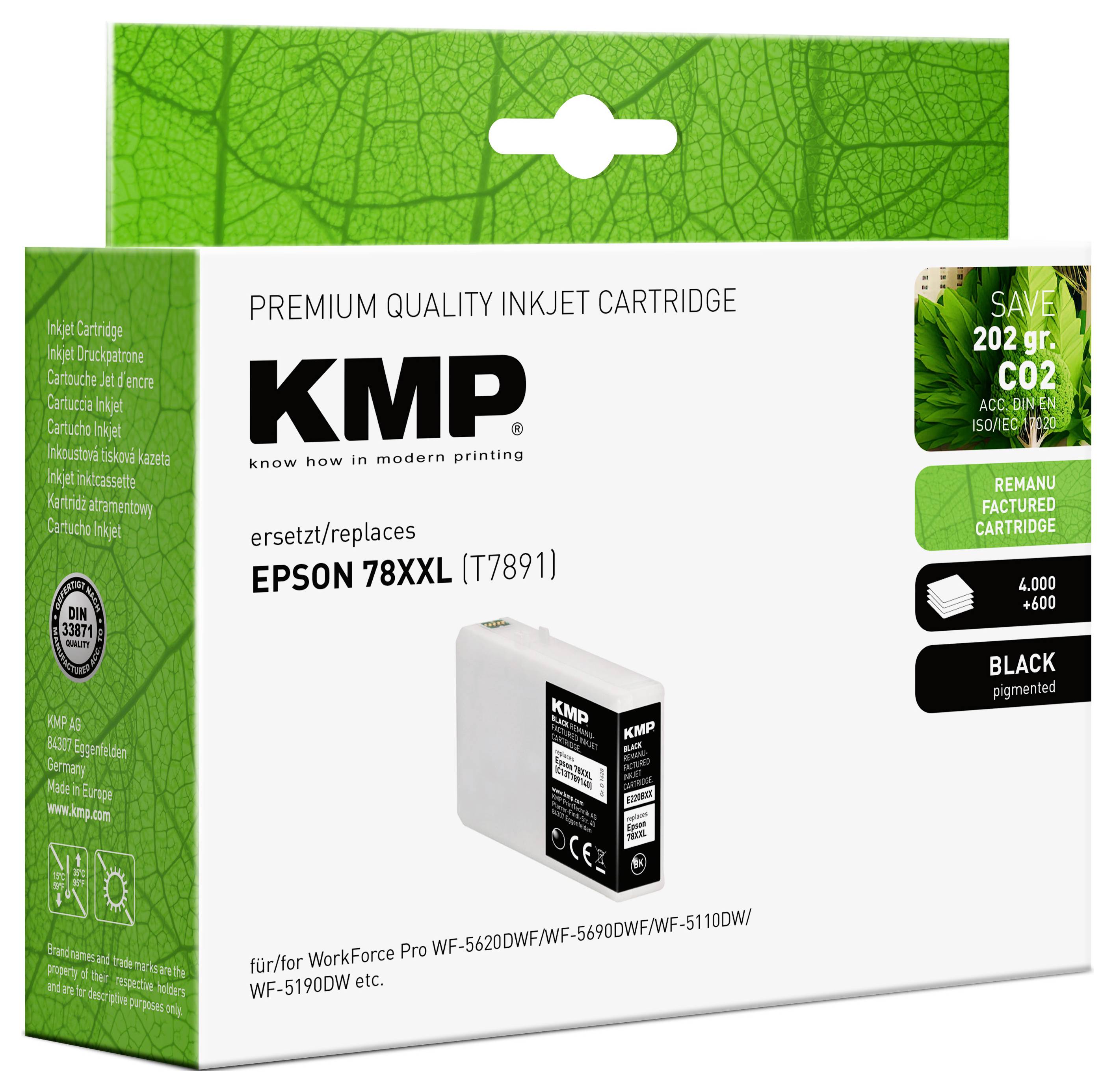 'KMP Premium Quality Inkjet Cartridge' packaging for Epson 78XXL. Includes CO2 savings and page yield information. Contains black ink.