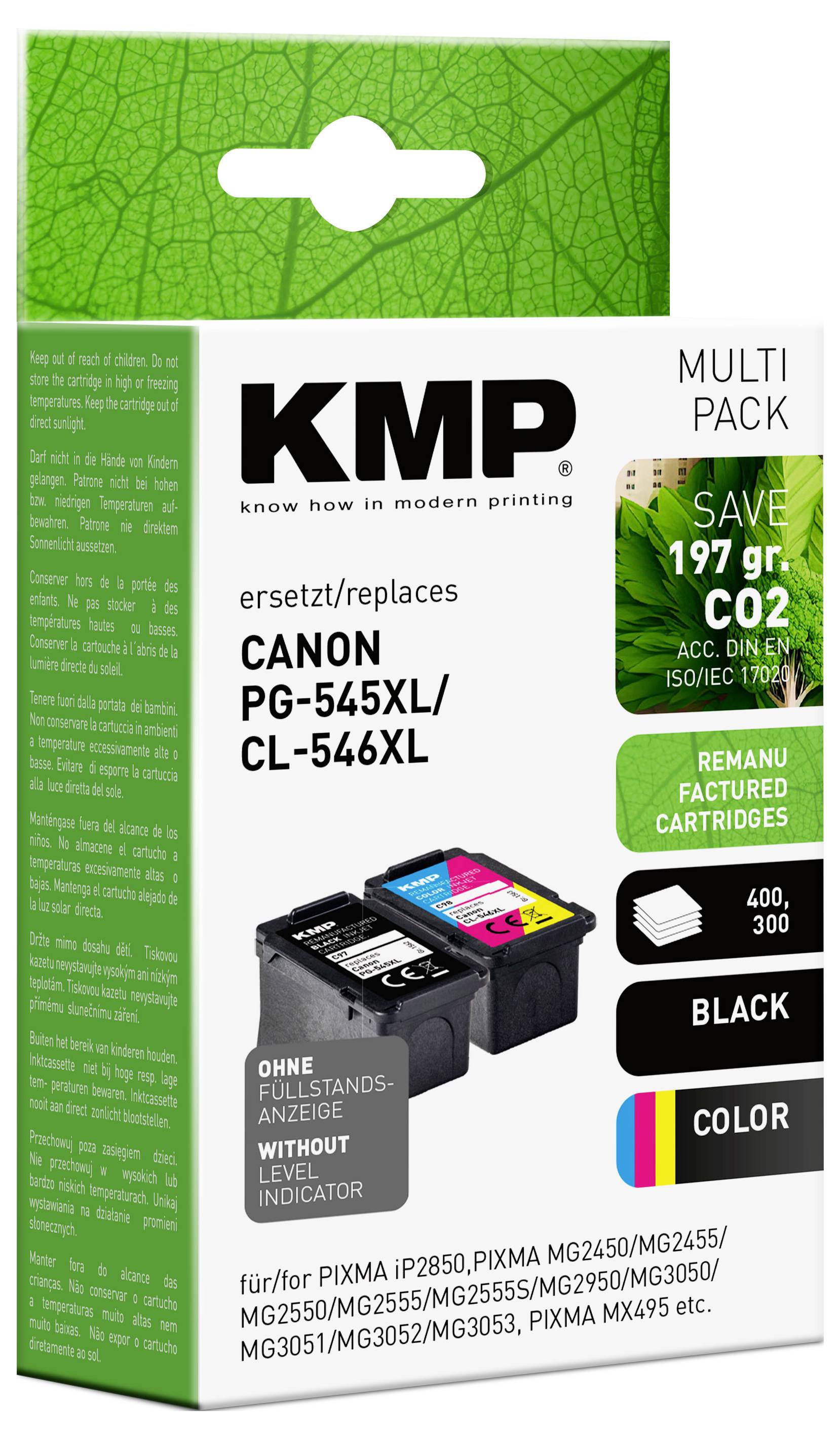 KMP multi-pack printer cartridges with Canon PG-545XL/CL-546XL compatibility. Save 197g CO2. Features black and color cartridges.