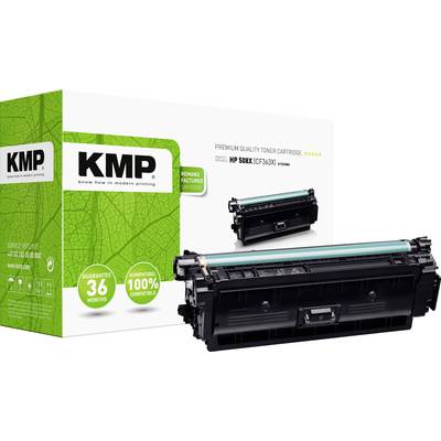 Toner cartridge KMP for HP 508X, shown with packaging. Packaging emphasises 'Premium Quality', compatibility, and 36-month warranty.