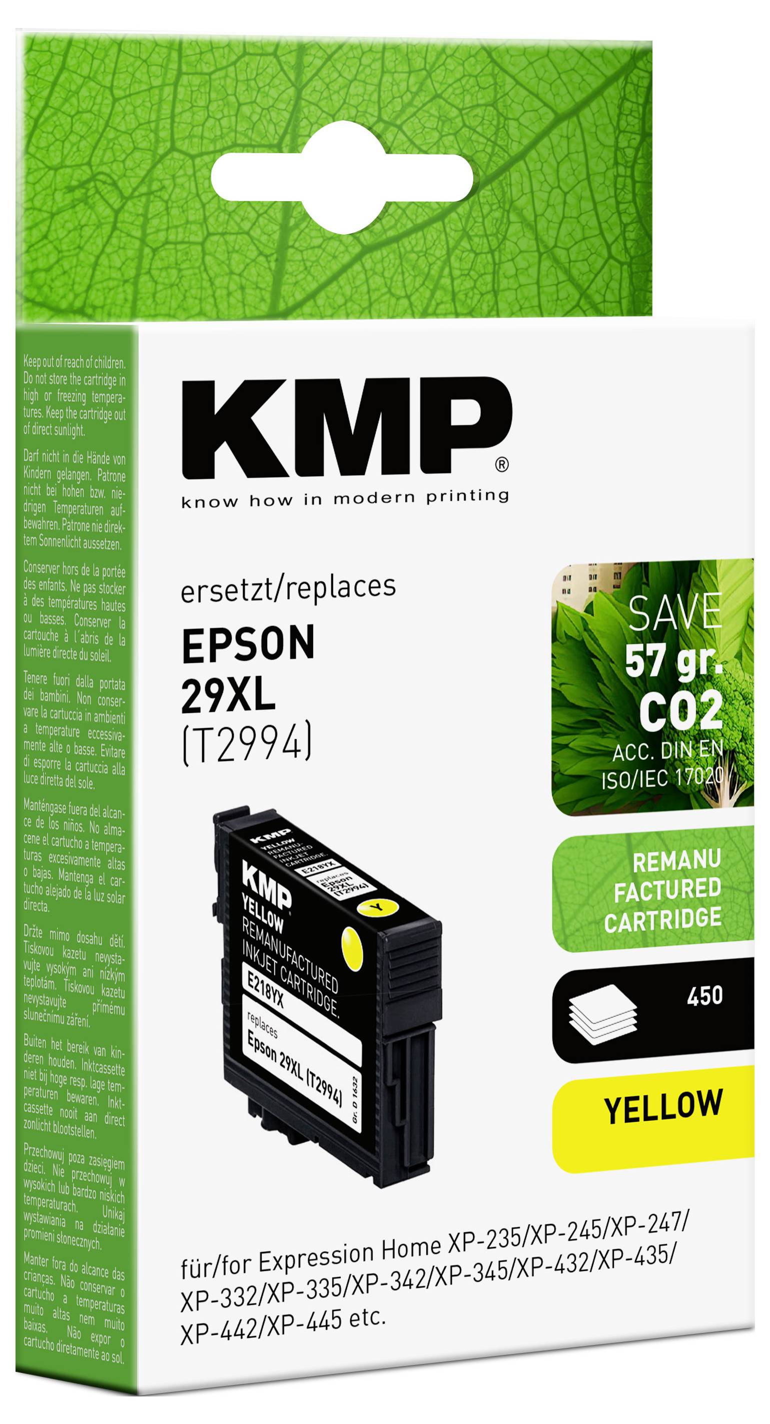 A box of KMP remanufactured yellow ink cartridge for replacing Epson 29XL (T2994), eco-friendly, saves 57g of CO2, 450 pages.