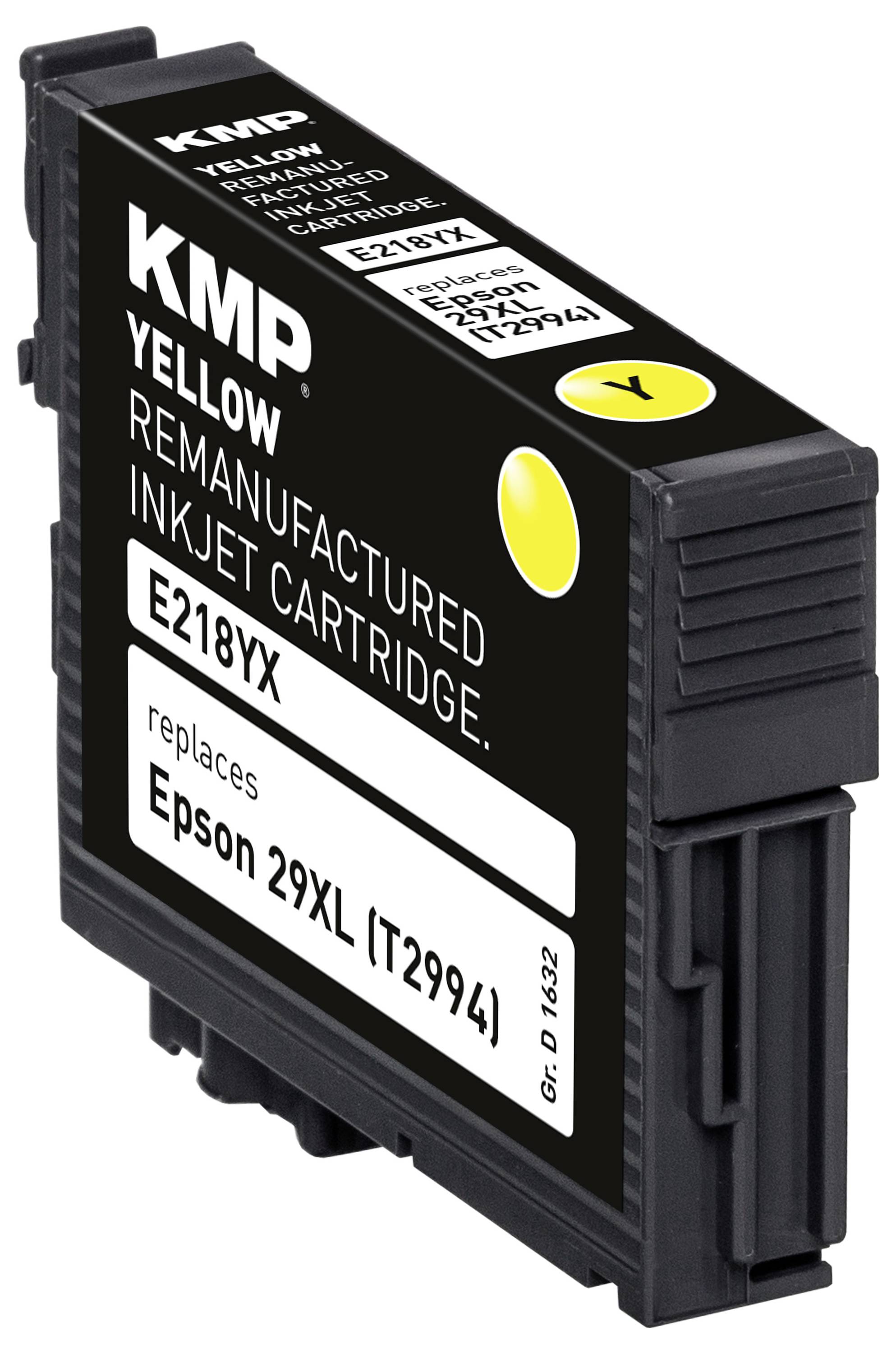Yellow remanufactured inkjet cartridge labeled 'KMP,' model 'E218YXX,' replaces 'Epson 29XL (T2994).'