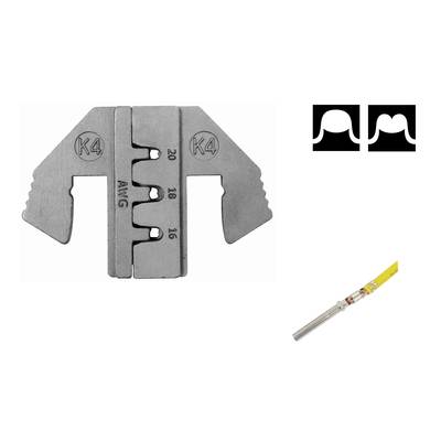 'K4' depicted on a three-part metal tool. On the right, 'AMG' and AWG sizes 20, 18, 16. A cable with a metal contact is also visible.