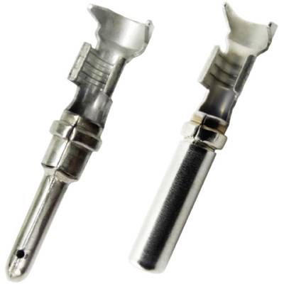 Two silver metal electrical connectors, one with a smooth surface and the other with a ribbed texture, for electrical connection.