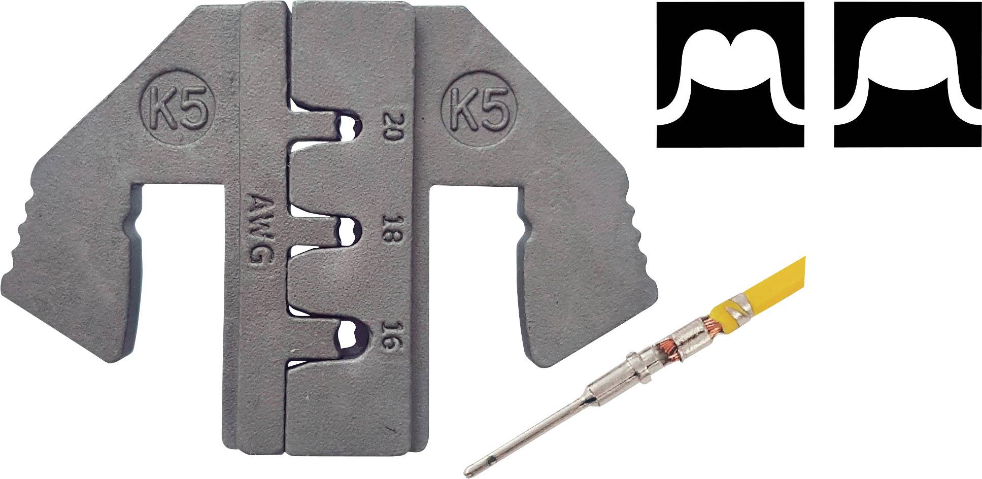 Crimping pliers design shows AWG sizes for cable processing. Alongside, a graphic depicts various wire crimping profiles.