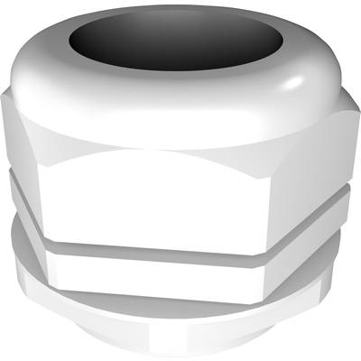 A white plastic cable gland for secure cable attachment and cable entry, with thread and seal.