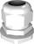 White plastic cable gland, consisting of a hexagonal nut and a cylindrical thread, viewed from the side.