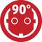 Red symbol depicting a power socket with the inscription '90°'. Symbolises a maximum angle limitation of 90 degrees.
