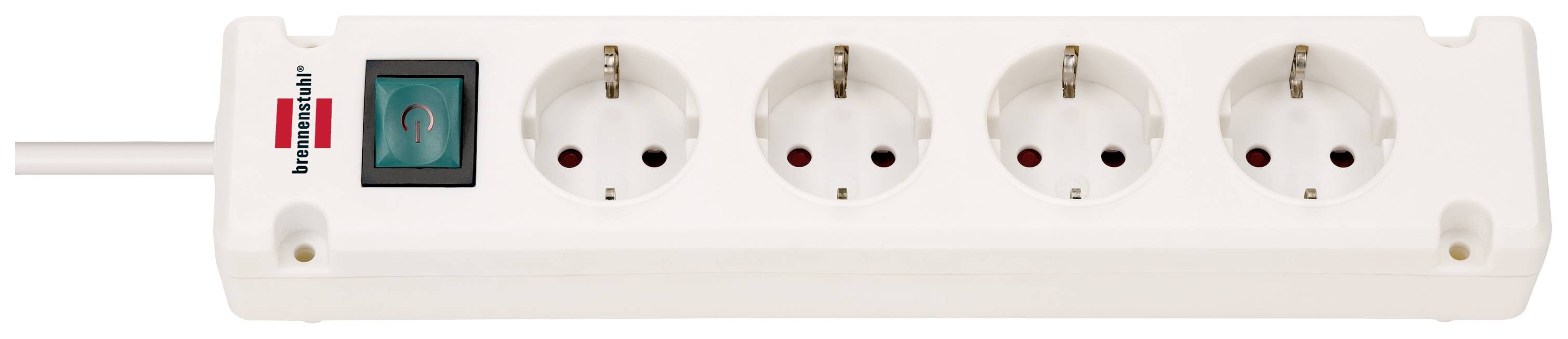 A white four-socket power strip with a green on/off switch located on the left side.