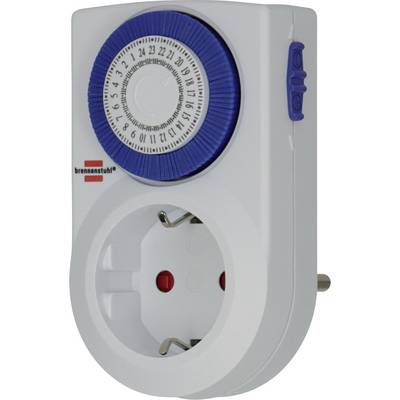 White plug-in mechanical timer with blue dial and socket outlet, used to control power on a schedule.