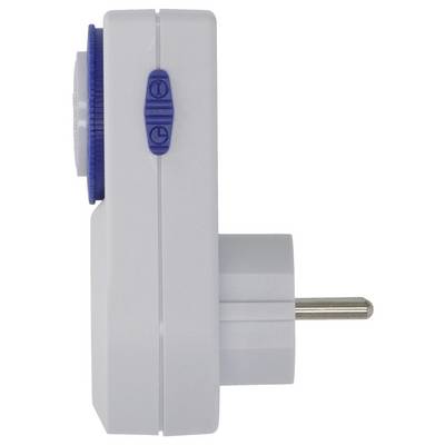 White plug-in timer switch with a blue side dial and single metal prong, shown isolated on a white background.