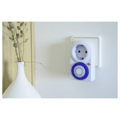 Plug-in timer switch in a wall socket beside a vase on a shelf<br>