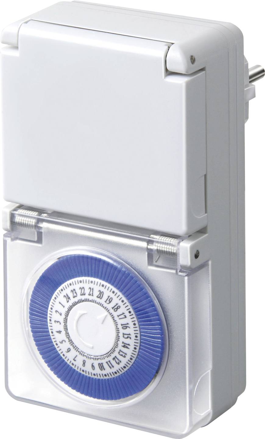 A wall-mounted mechanical timer switch with a blue 24-hour dial and white housing.