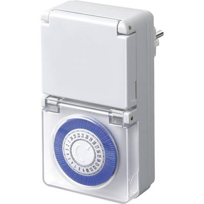 White wall-mounted mechanical timer switch with a round numbered dial on the front.