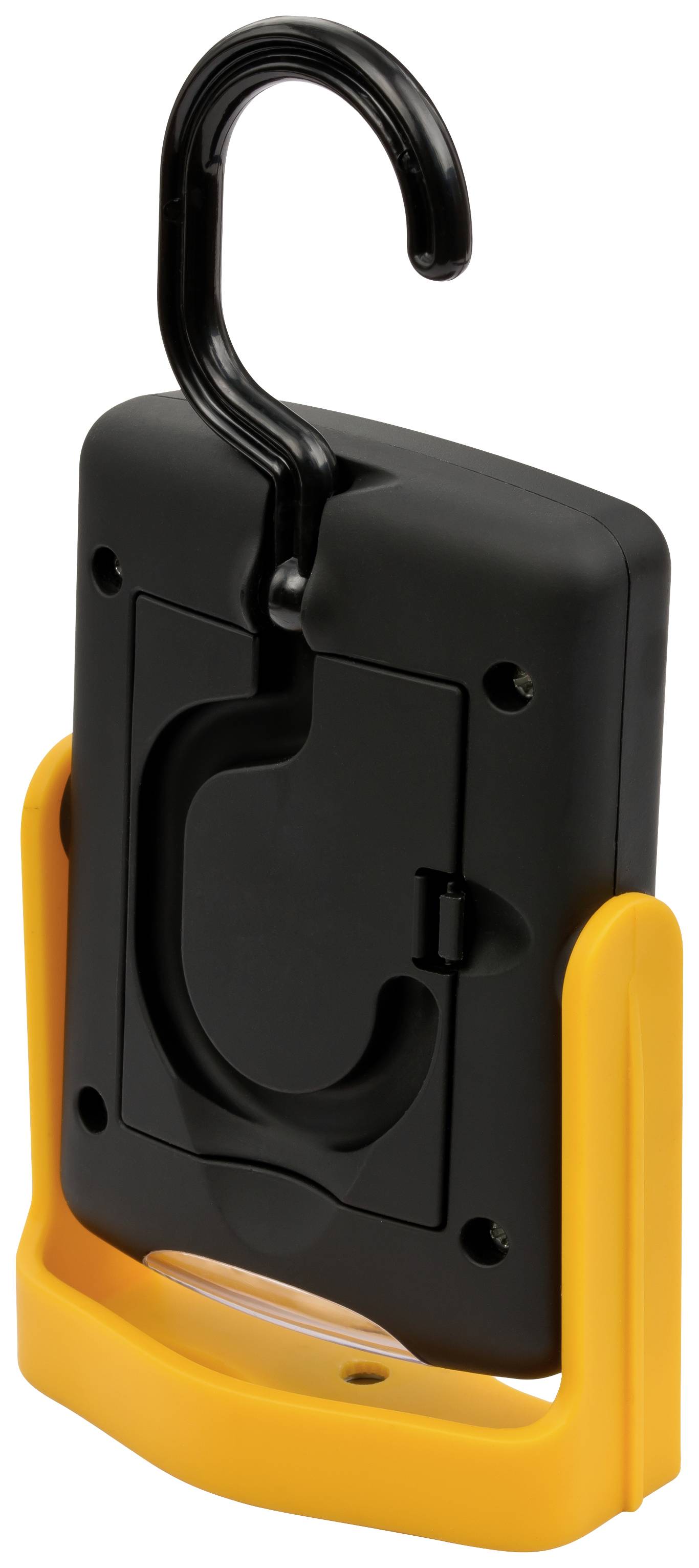 A black, portable LED light with an orange handle and a hook for hanging, pictured from behind.