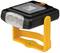 Black and yellow portable LED torch with a folding handle. Four LEDs at the front, suitable for outdoor activities and DIY tasks.