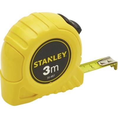 A yellow, compact tape measure with the inscription 'Stanley 3m', showing a section of the tape measure unrolled.