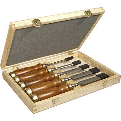 Wooden box with an open lid displays five wood chisels with wooden handles and metal blades, neatly arranged side by side.