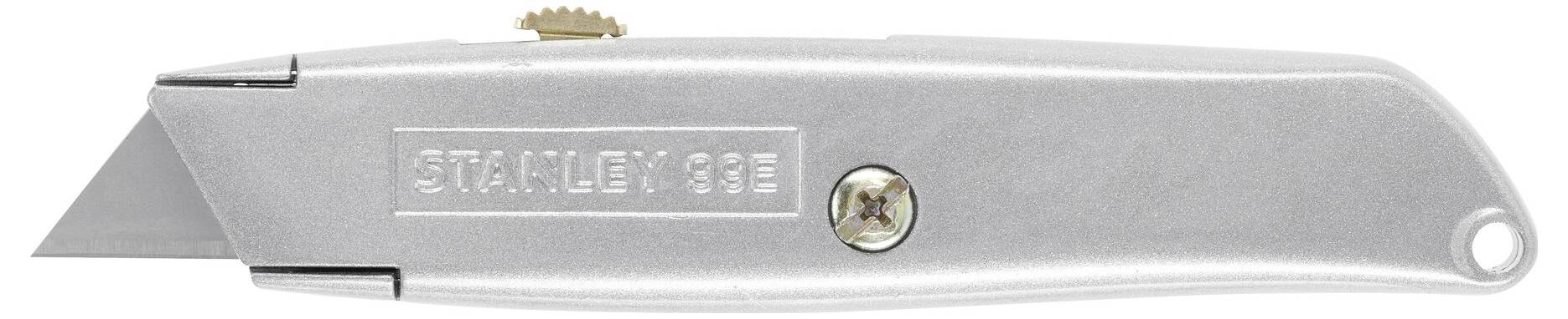 A silver multi-tool knife with a retractable blade and screw for blade fastening. 'STANLEY 199' marking on the handle.