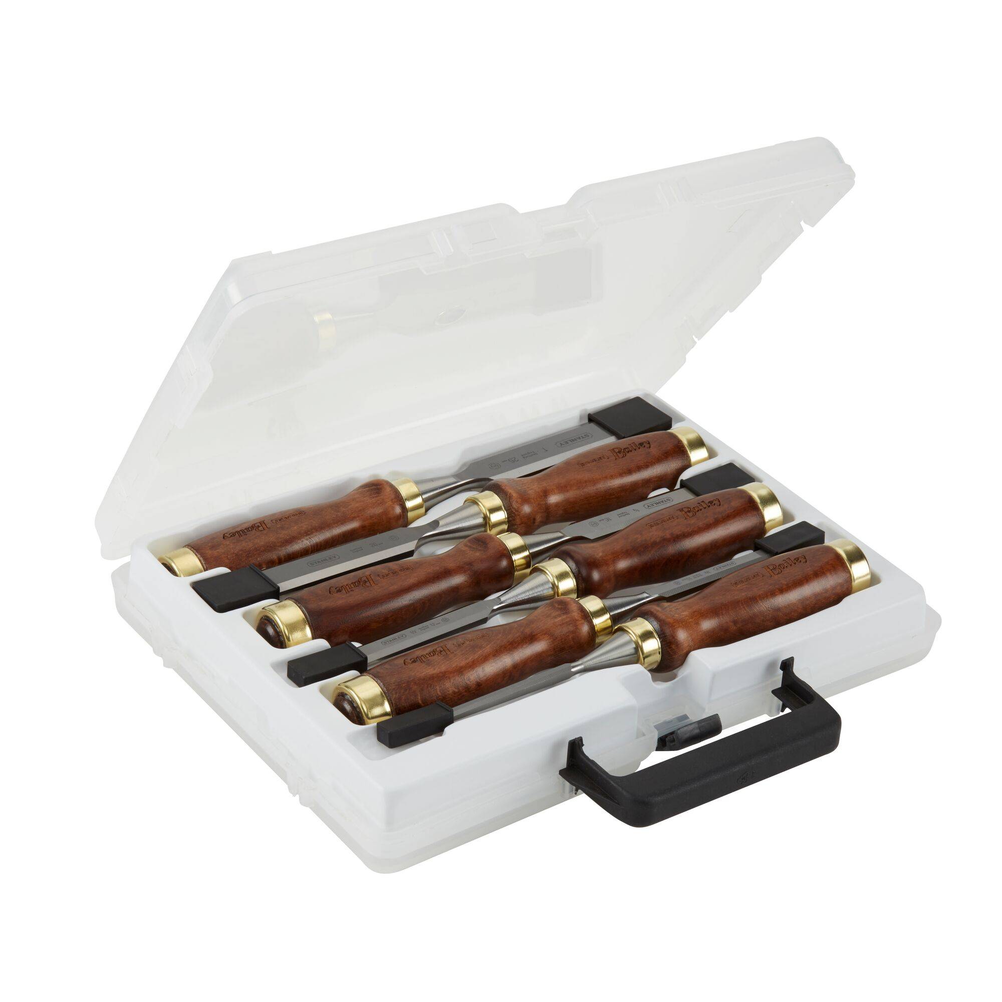 Set of six woodworking tools with wooden handles in an open, transparent plastic case with a black handle.