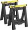 Two black and yellow Stanley sawhorses, sturdy and foldable, for supporting workpieces during manual crafting activities.