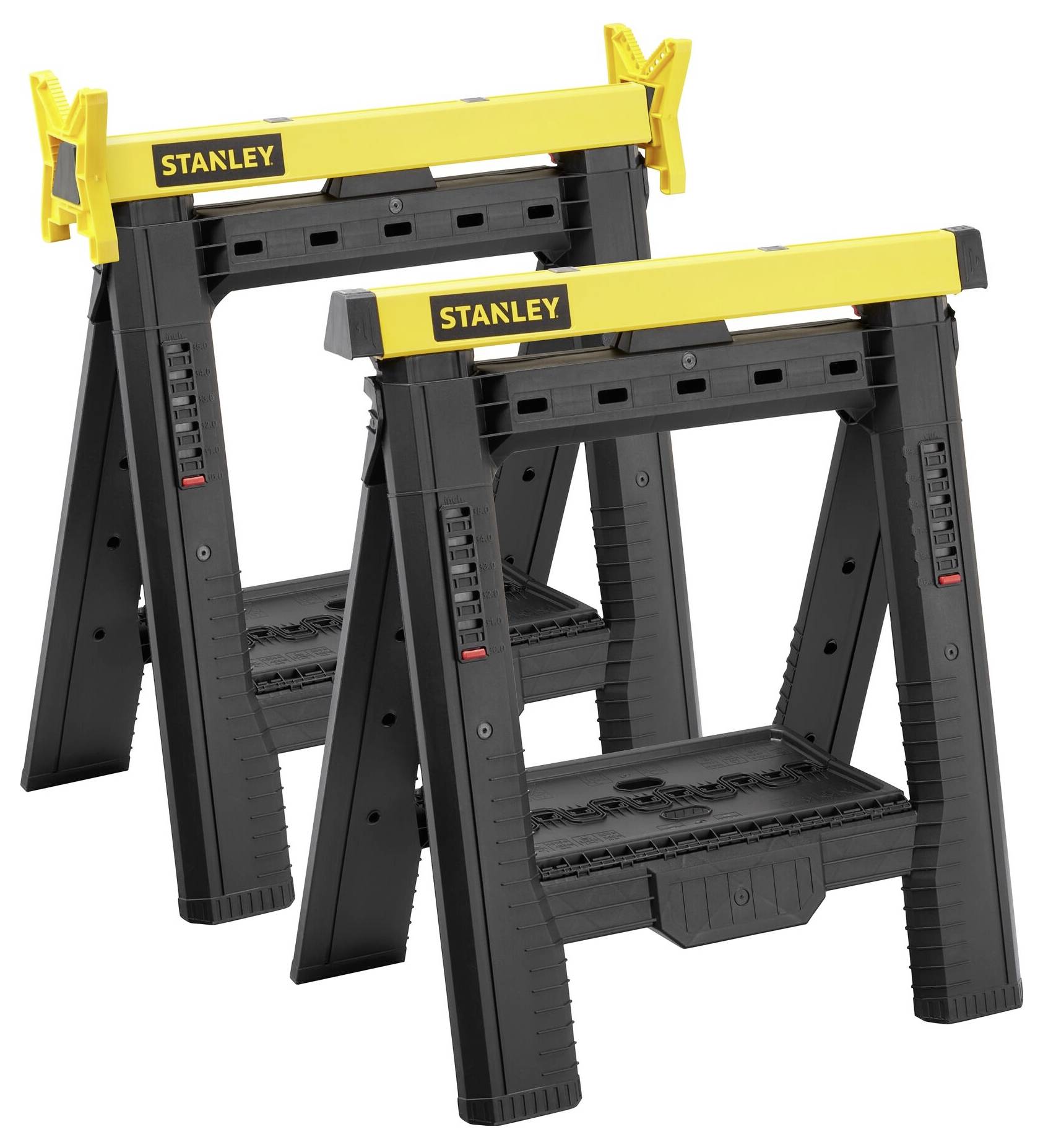 Two black and yellow Stanley workbenches standing side by side, ready for use as work support or carriers.