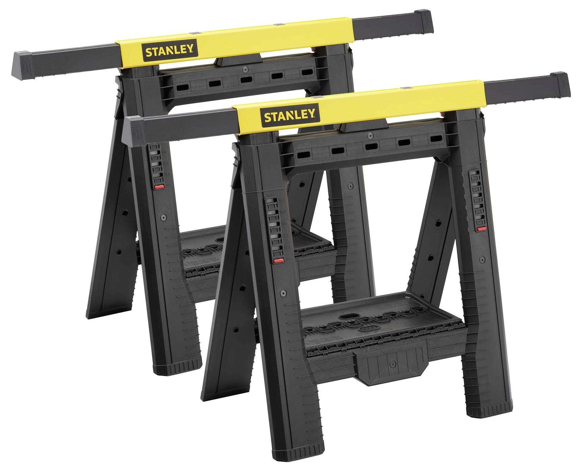 Two black and yellow workhorses by the brand 'Stanley' are standing side by side. They are sturdy and suitable for construction work.