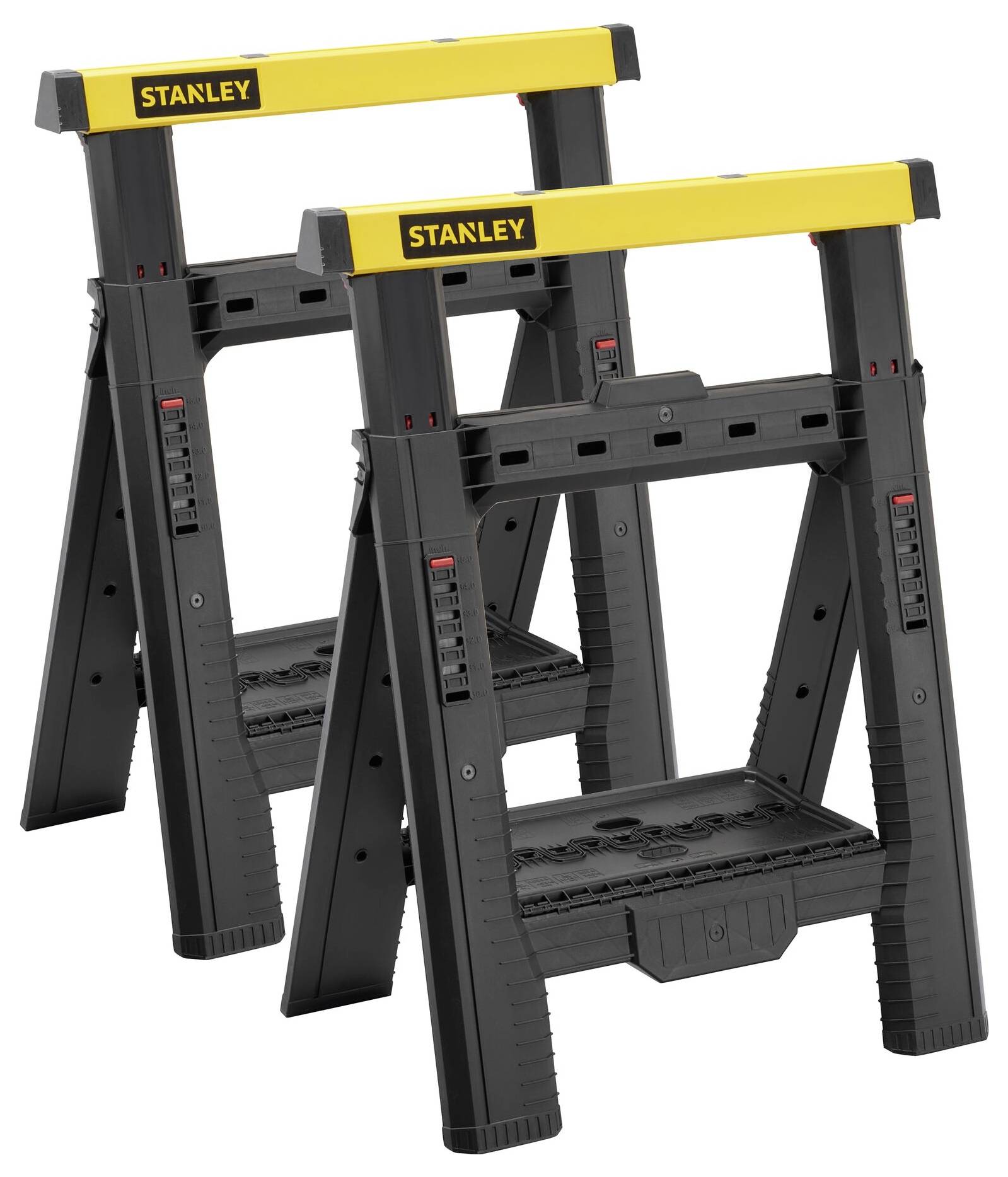 Two black folding trestles with yellow handles, suitable for light construction and renovation work, on a white background.