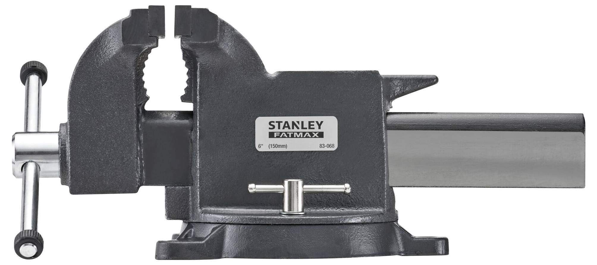 Vice with a black metal housing and brand label in the centre, opened and ready to grip workpieces.